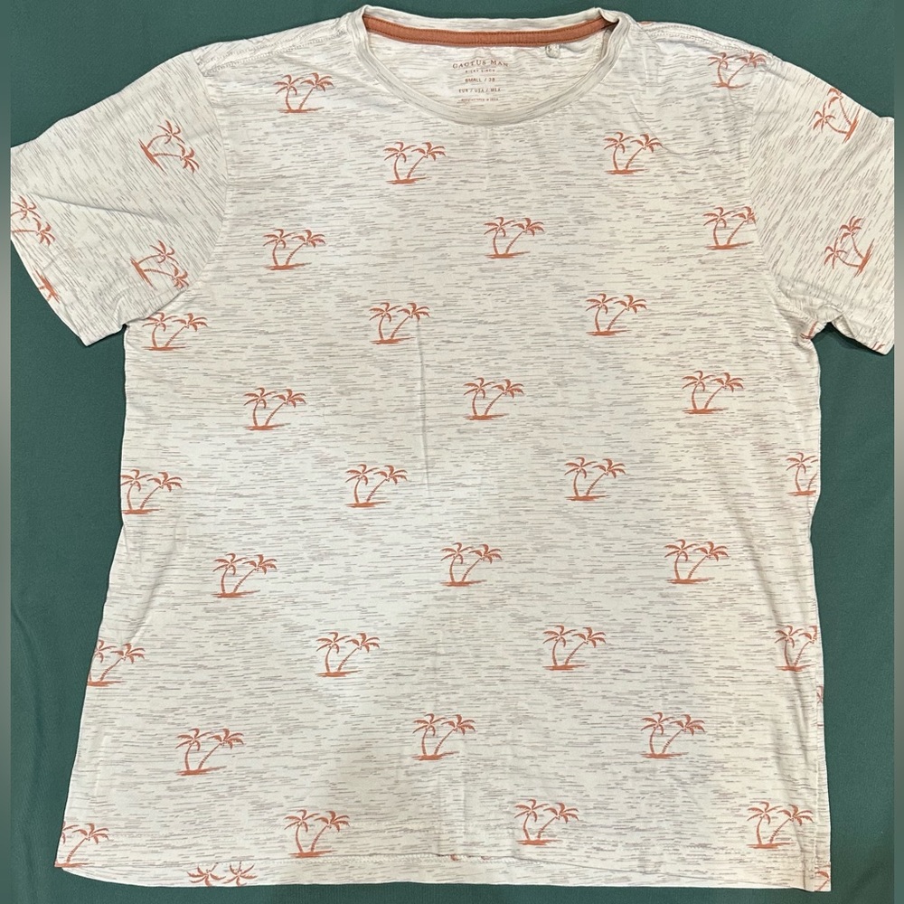Cactus Man Ricky Singh, Mens Sz Small/38, Palm Tree print T-shirt, Tan/Heathered